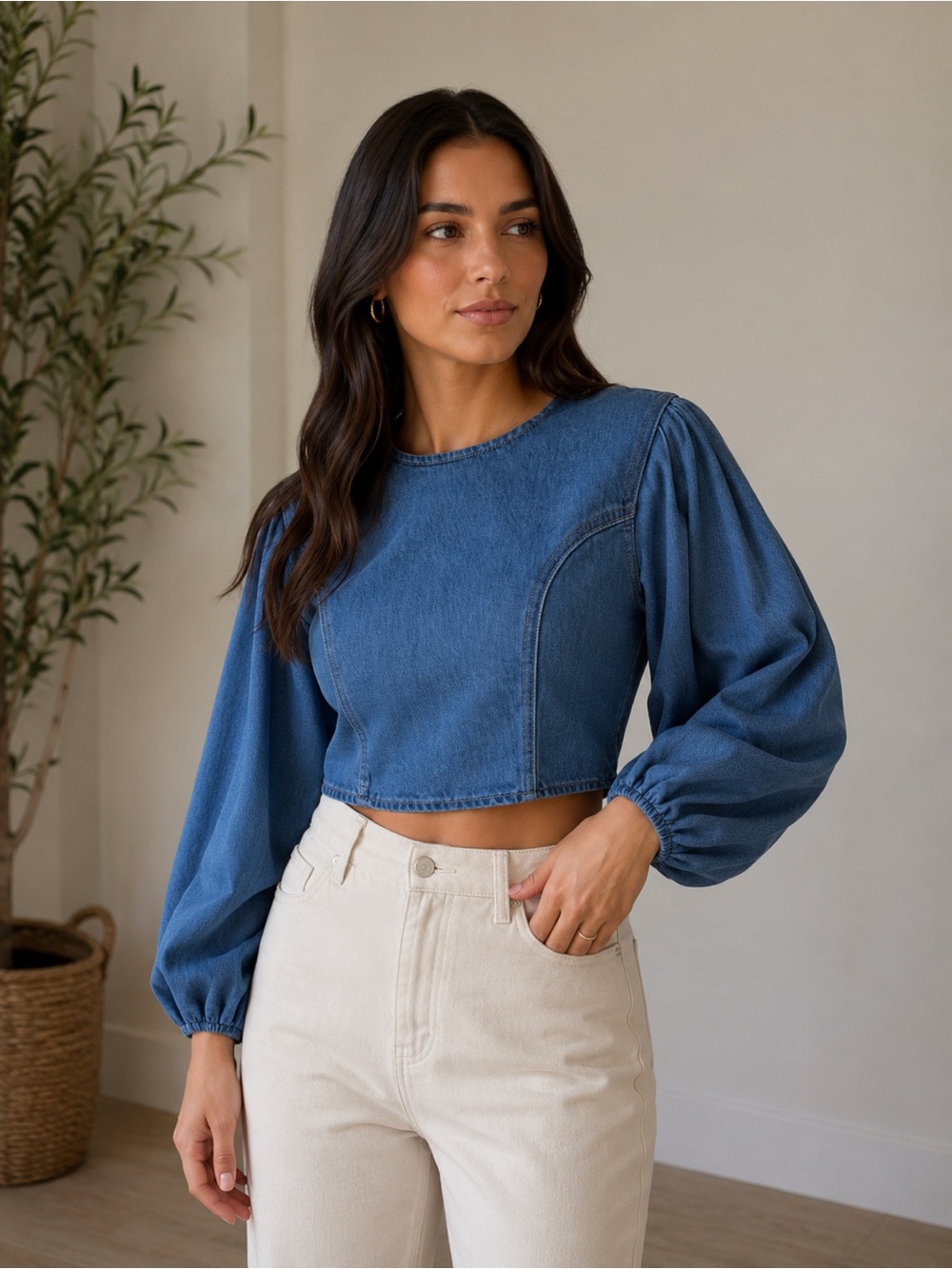 7 For All Mankind Blue Denim Cropped Puff Sleeve Top